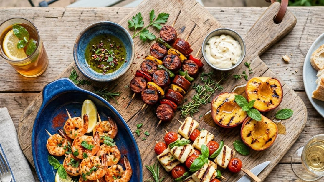 kleurrijke bbq tapas ideeën op een houten plank met kruiden en dipsauzen ·