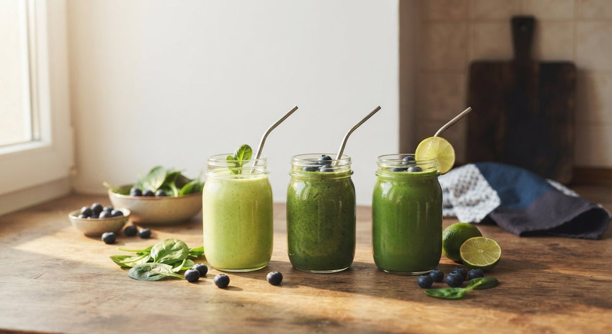 Drie glazen groene smoothie in oplopende intensiteit, symbool voor de 21 dagen smoothie challenge