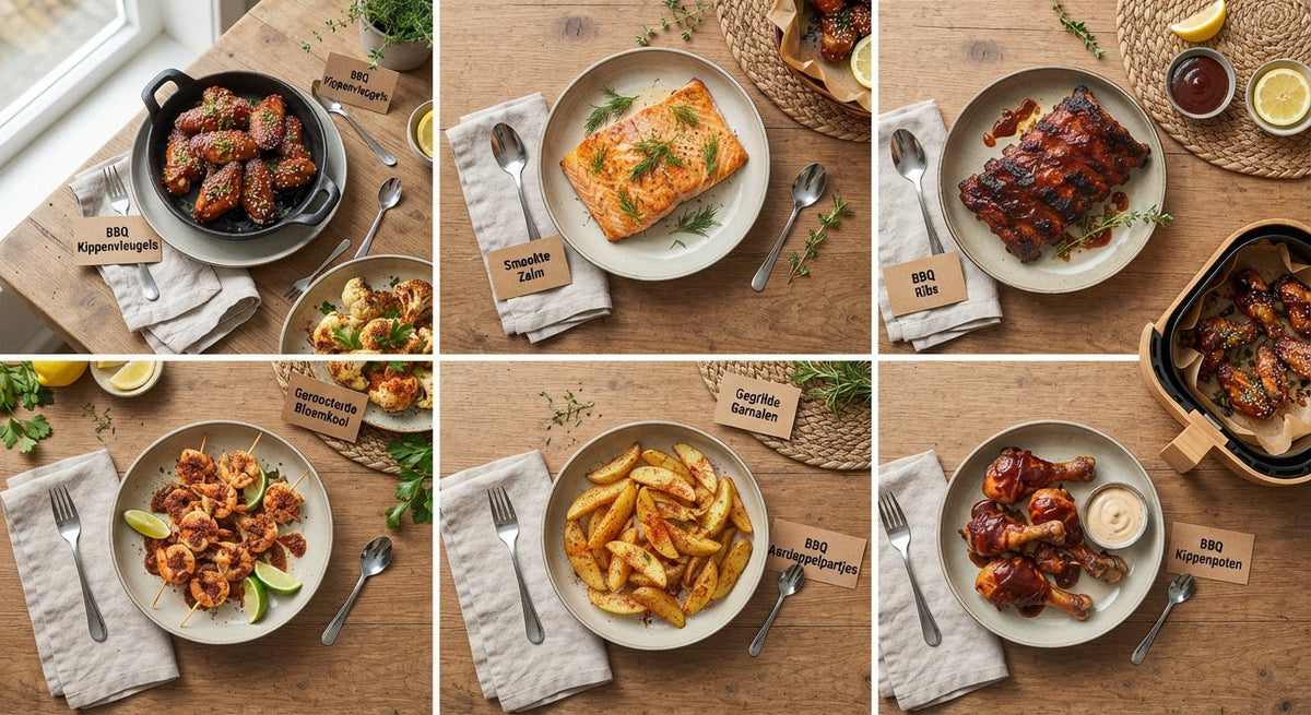 Bovenaanzicht van zeven airfryer BBQ recepten uitgestald op een tafel, waaronder kippenvleugels en gerookte zalm