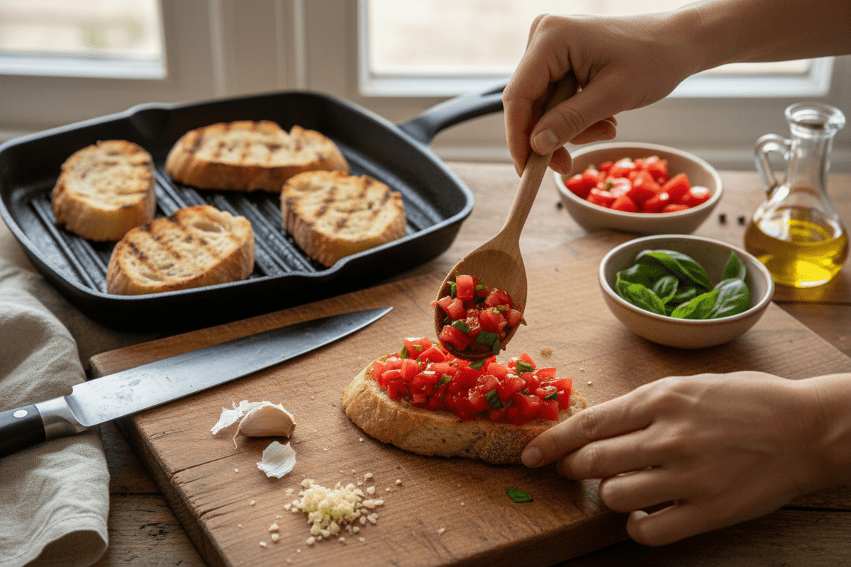 Verschillende bruschetta variaties op een houten borrelplank