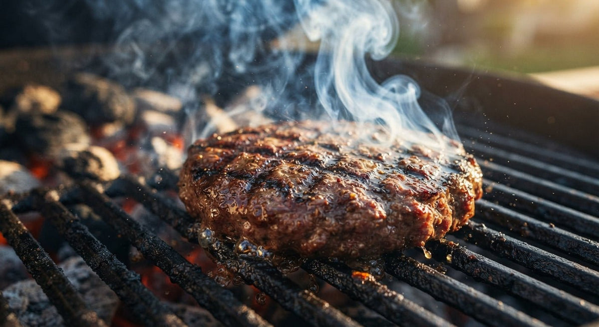 Sappige hamburger op de BBQ grill met karakteristieke grillstrepen