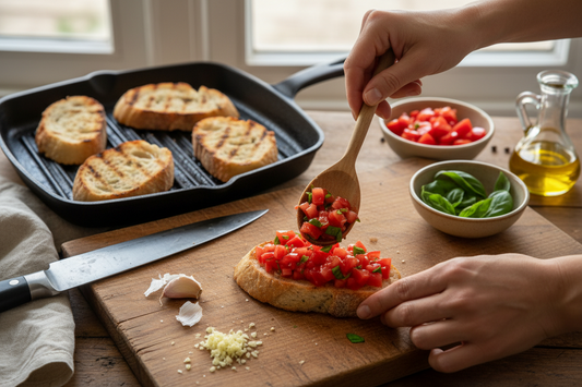 Verschillende bruschetta variaties op een houten borrelplank