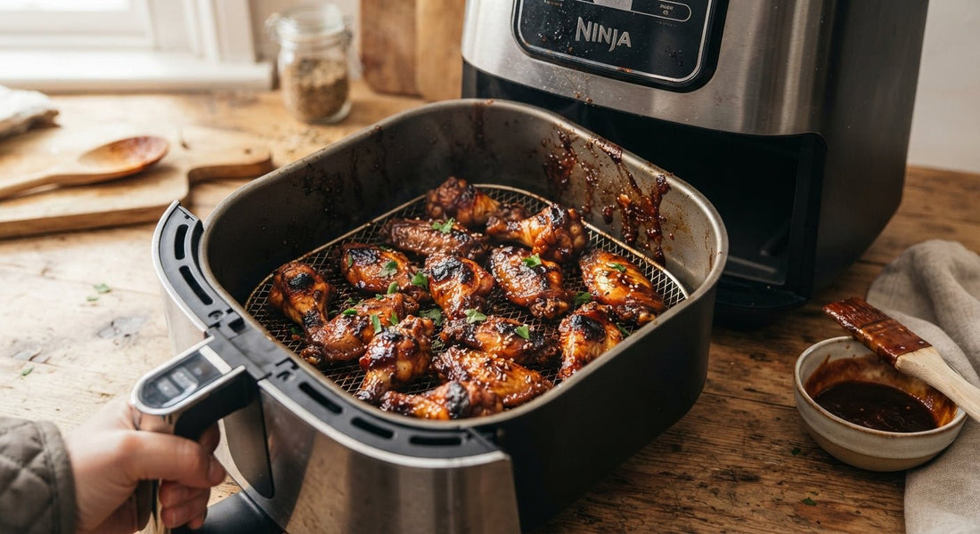 Glanzende BBQ kippenvleugels met rooksmaak in een geopende airfryer op een houten aanrecht