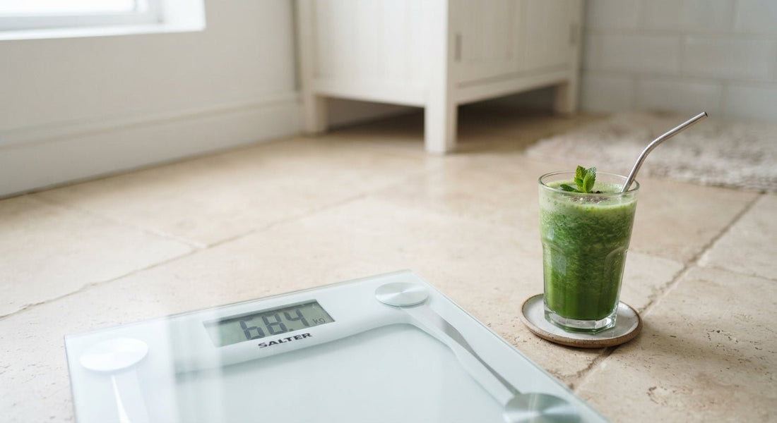 weegschaal met smoothie voor het 21 dagen smoothie dieet