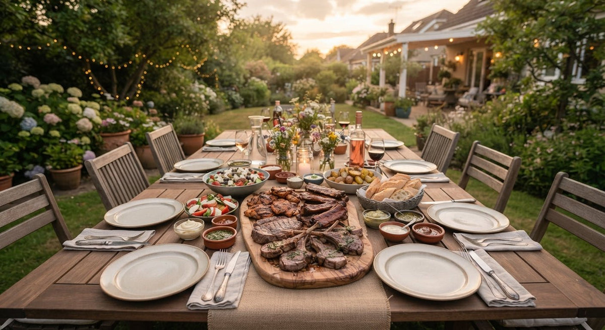 Tuintafel met gegrild vlees en bijgerechten voor een BBQ met 10 personen