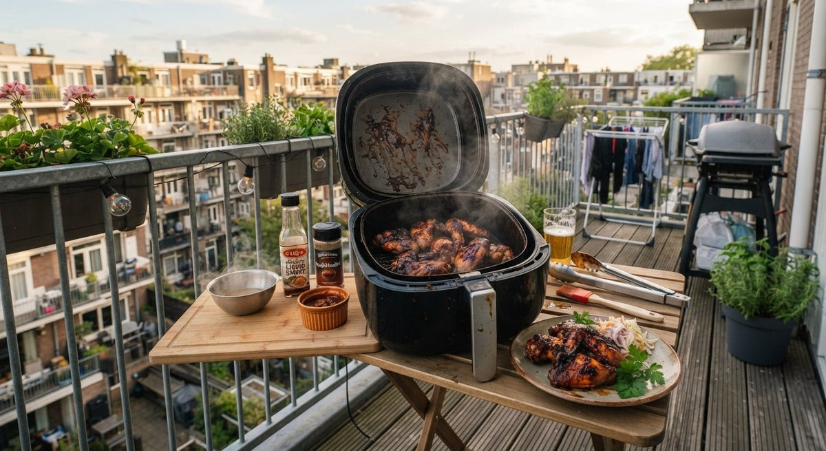 Airfryer op een klein balkon met BBQ gerecht, BBQ smaak maken zonder tuin of barbecue