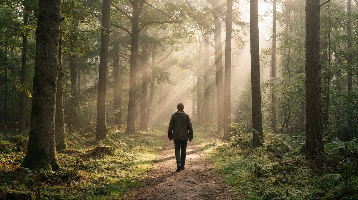 Mindful wandelen op een rustig bospad in het ochtendlicht