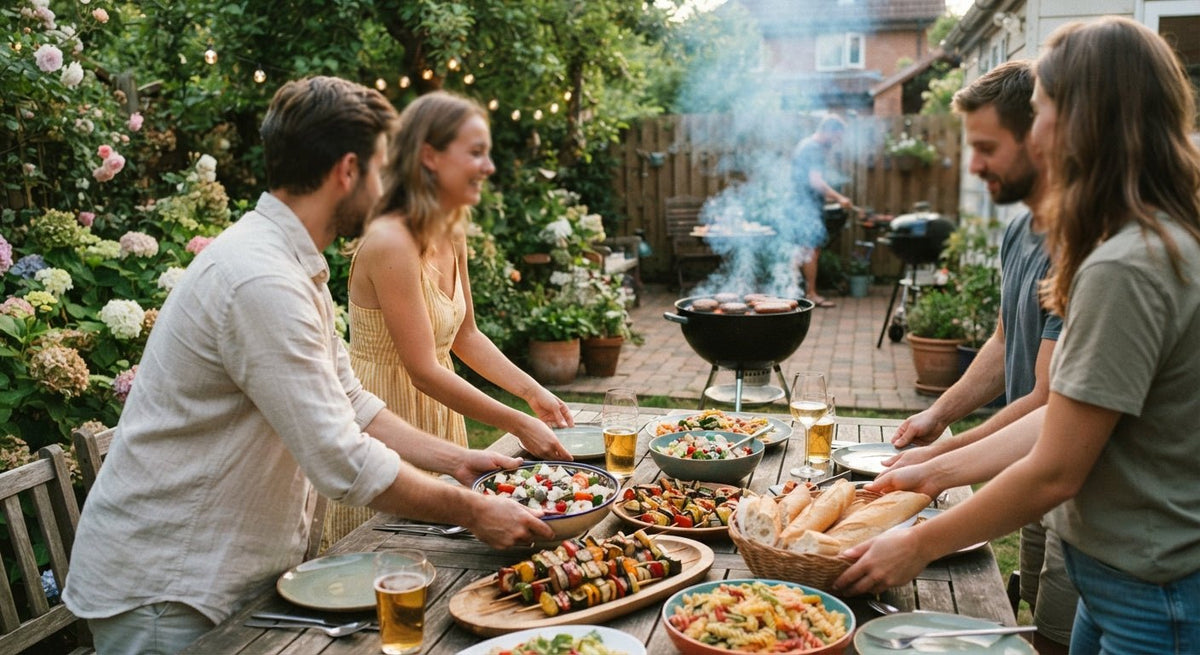 Groep vrienden rond een tuintafel die schalen neerzetten, iedereen brengt een ander gerecht, barbecue rookt op de achtergrond, ontspannen sfeer, gezichten deels buiten beeld of onscherp.