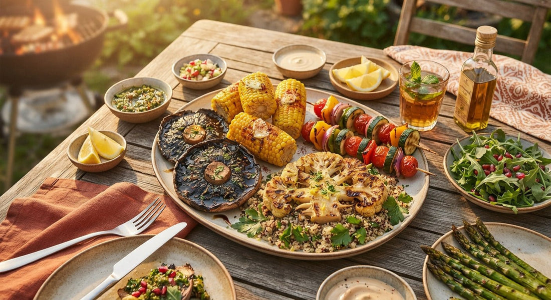 Vegan barbecue met gegrilde portobello, maiskolf en groentespiesjes op houten tafel