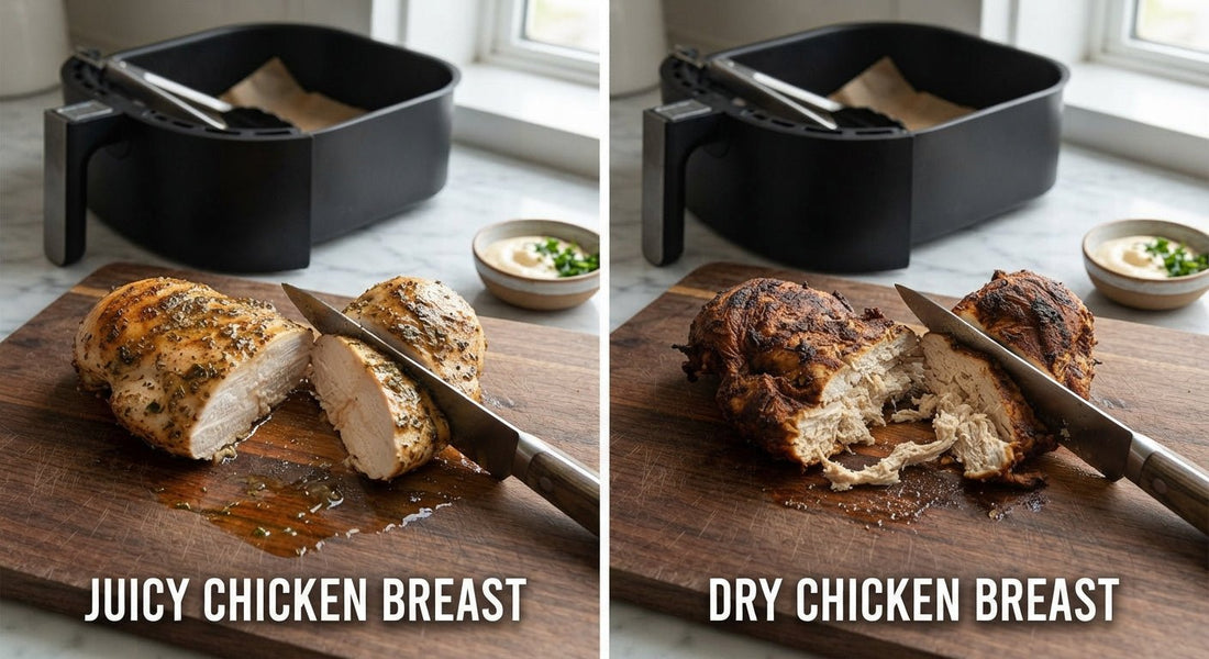 Sappig versus drooggegaard stuk kipfilet naast elkaar, voorbeeld van airfryer vlees fouten