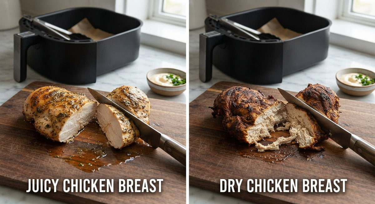 Sappig versus drooggegaard stuk kipfilet naast elkaar, voorbeeld van airfryer vlees fouten