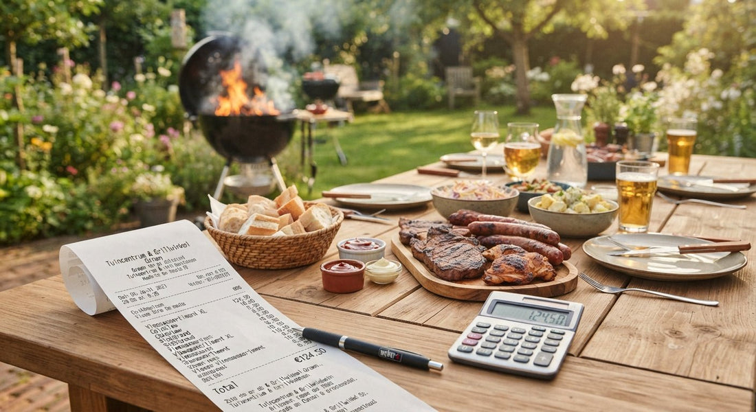 Tuintafel met een barbecuemaaltijd, op de voorgrond een lange kassabon naast een rekenmachine en een pen, de barbecue onscherp op de achtergrond.