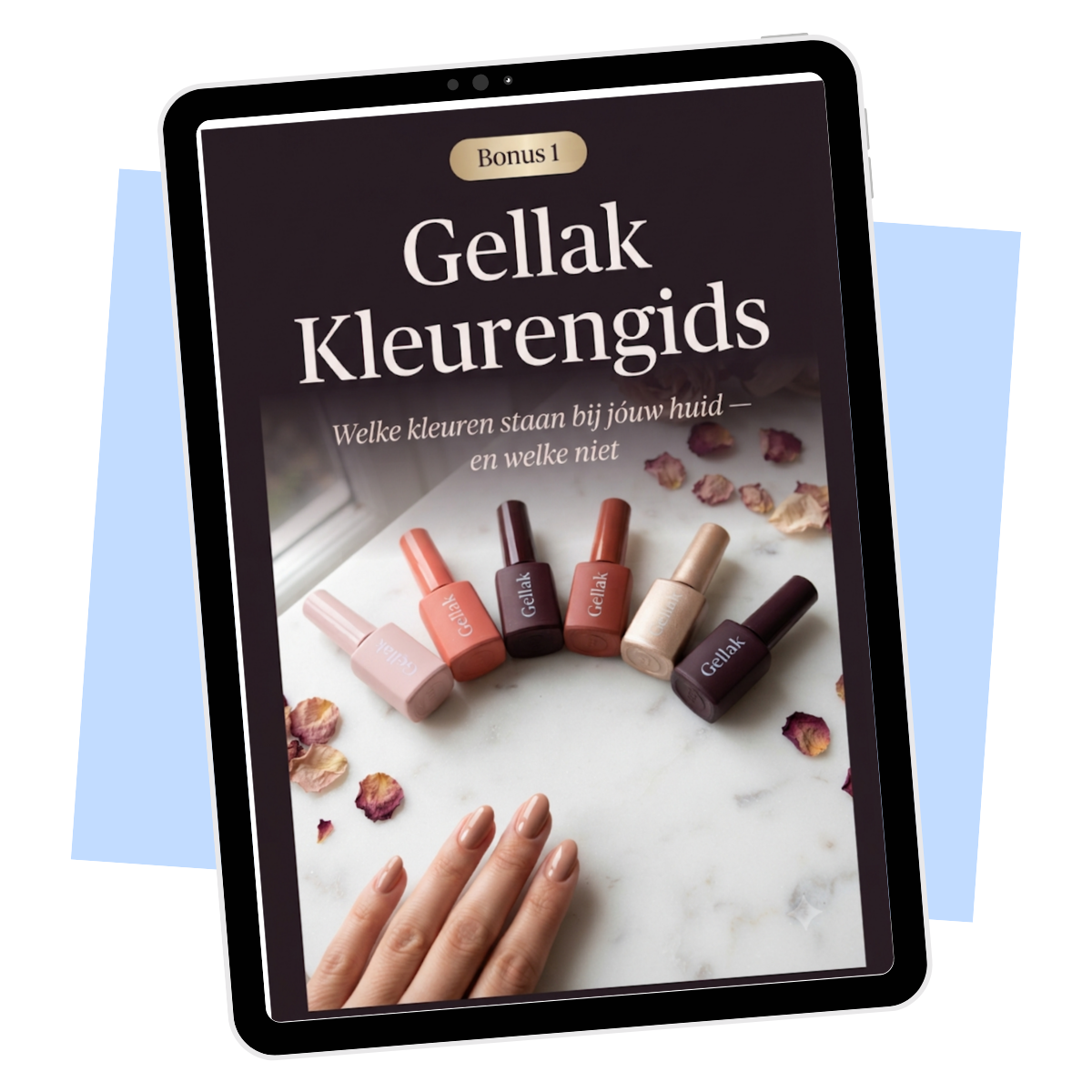 Cover van de Gellak Kleurengids — bonus bij Thuis Gellak Zetten — met zes gellak flesjes op marmer en een hand met nude ovale nagels