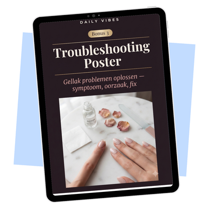 Cover van de Troubleshooting Poster — bonus bij Thuis Gellak Zetten — hand met nude nagels naast alcoholflesje op marmer, gellak problemen oplossen